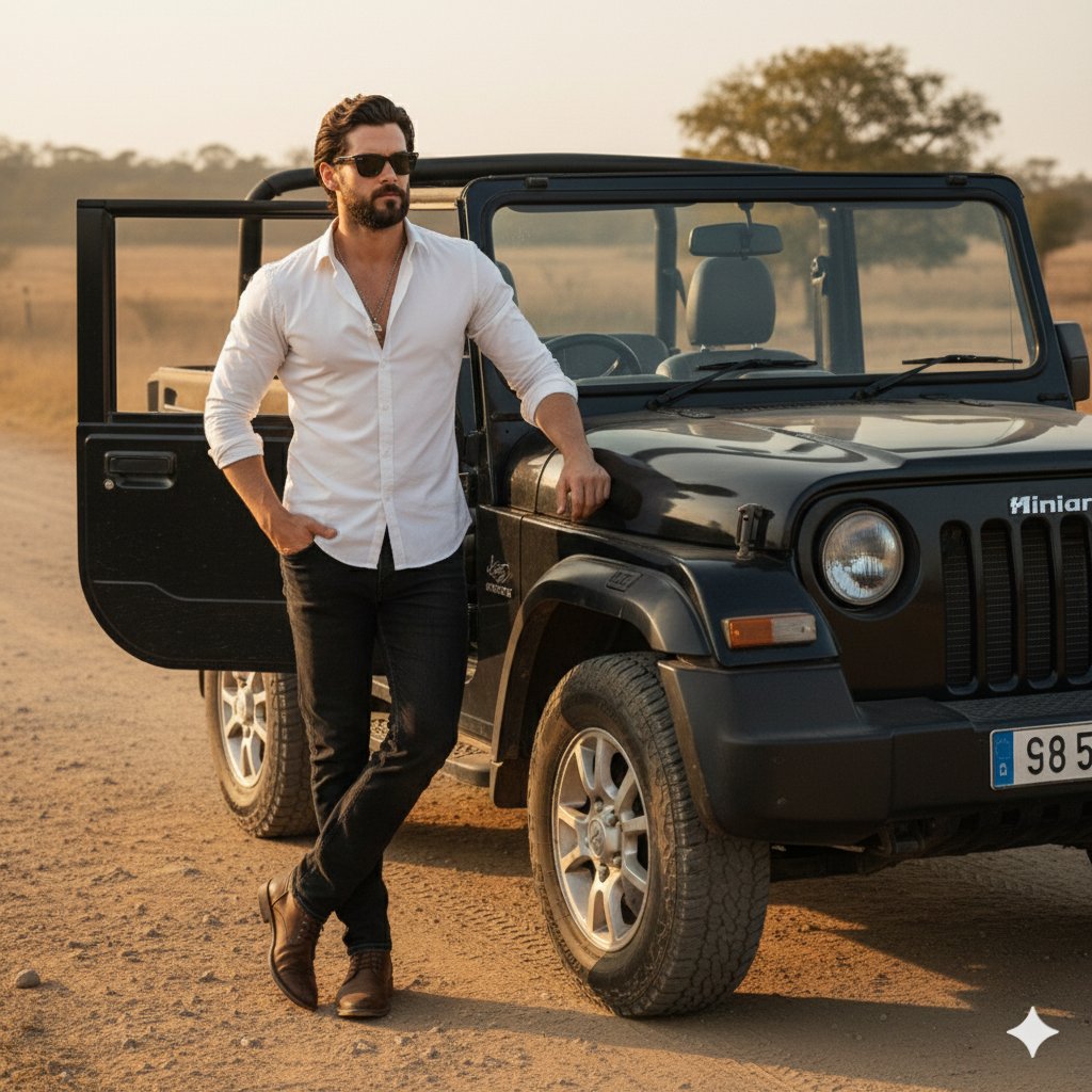 Cinematic Jeep Driver Portrait Prompt with Face Match — output 1