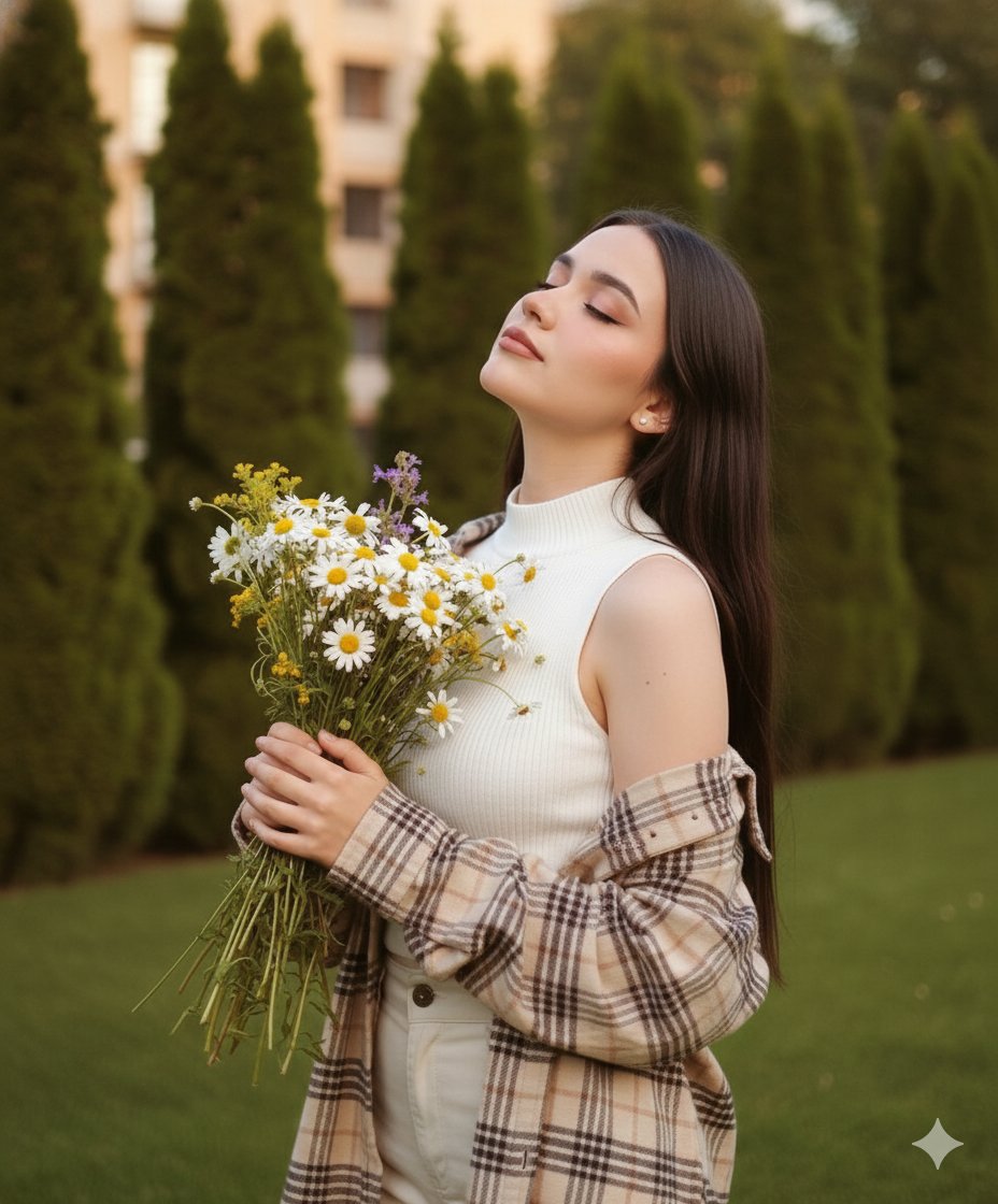 Dreamy Cinematic Portrait with Wild Bouquet in Golden Hour — output 1