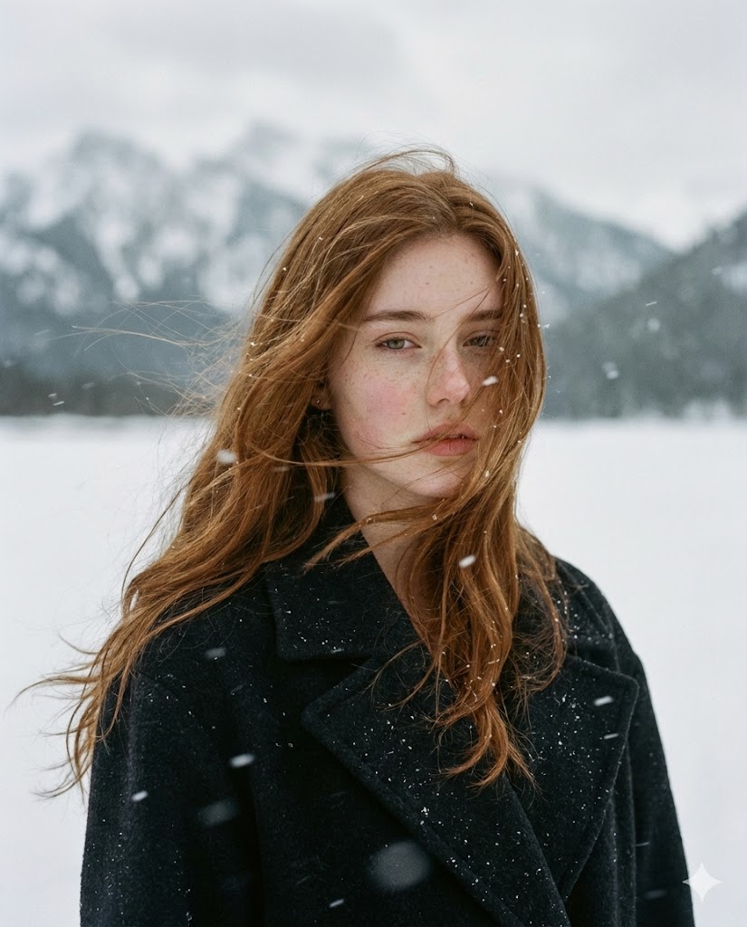 Poetic Cinematic Portrait in Snowy Landscape — output 1