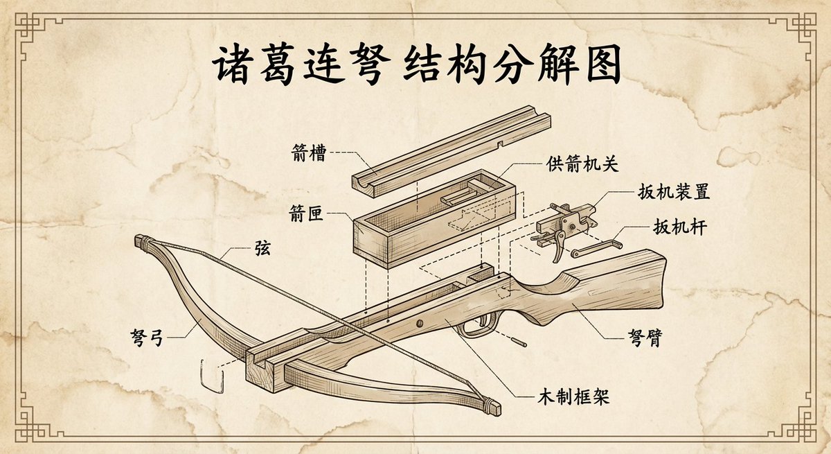 Vintage engineering exploded view of Zhuge repeating crossbow — output 1