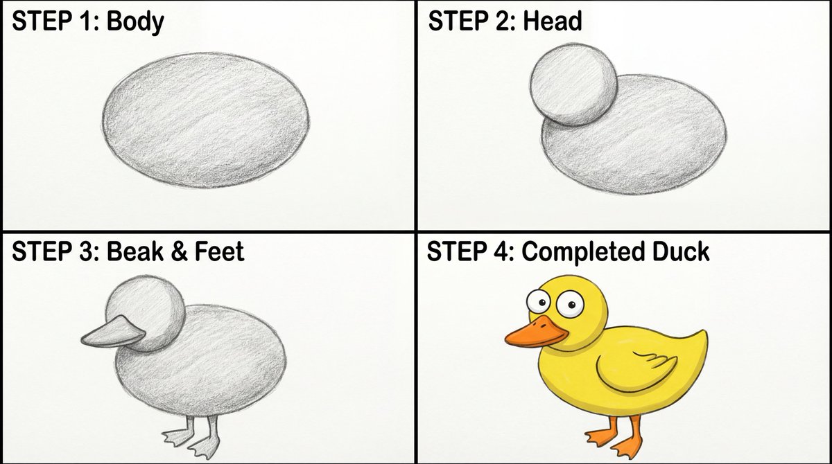 Four-Panel Guide for Drawing a Cartoon Duck — output 1
