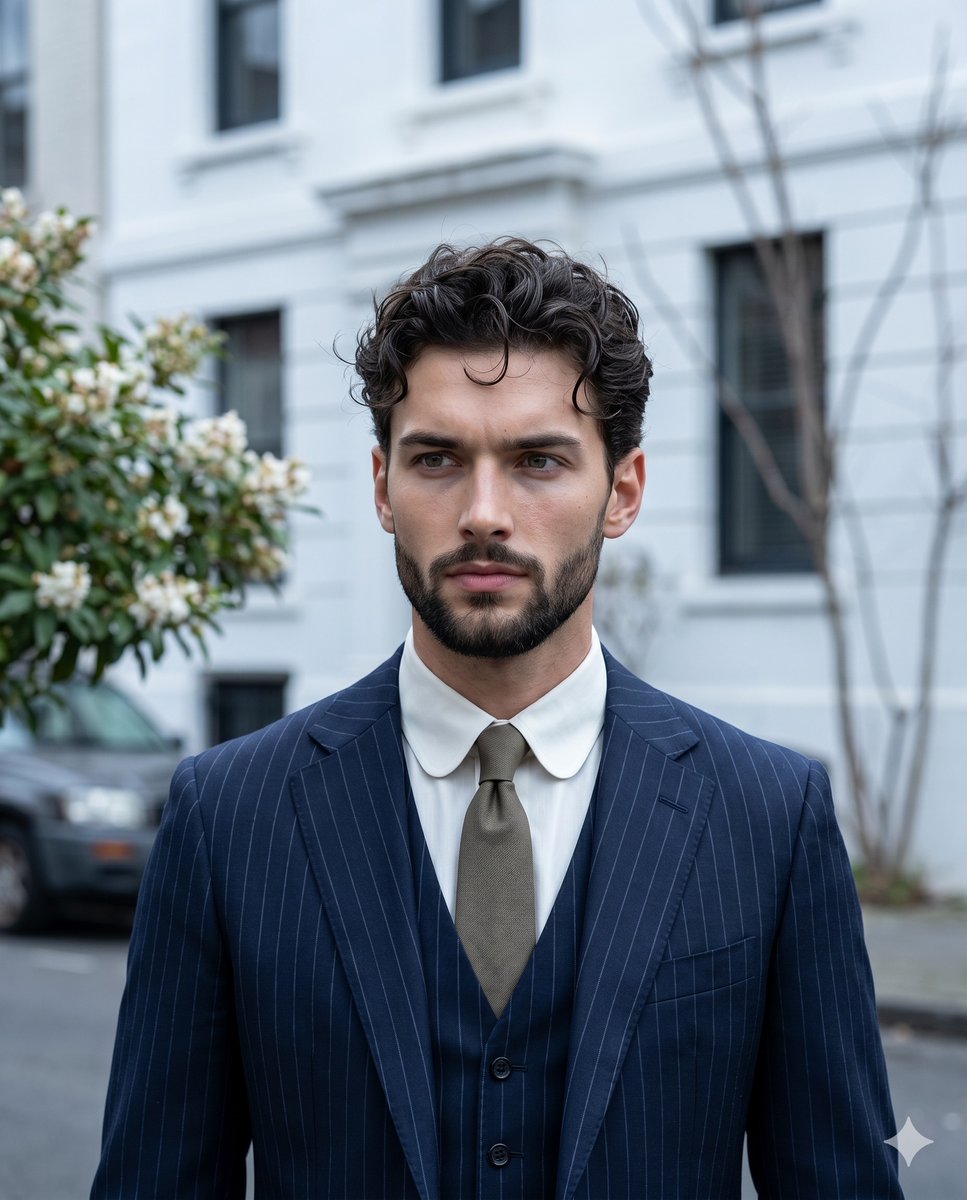 Product Marketing - Sophisticated Urban Pinstripe Suit Portrait — output 1