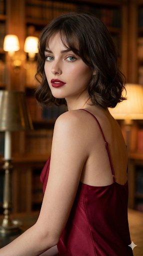 Cinematic Red Dress Portrait in a Vintage Library — output 1