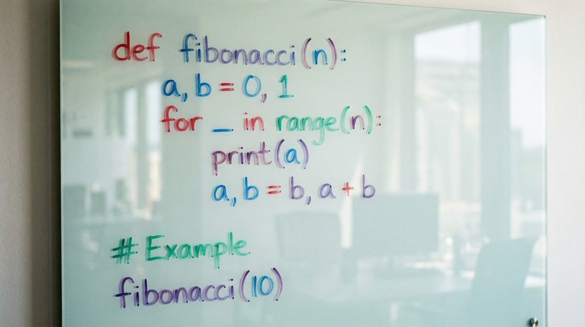 Python Fibonacci code on glass whiteboard — output 1
