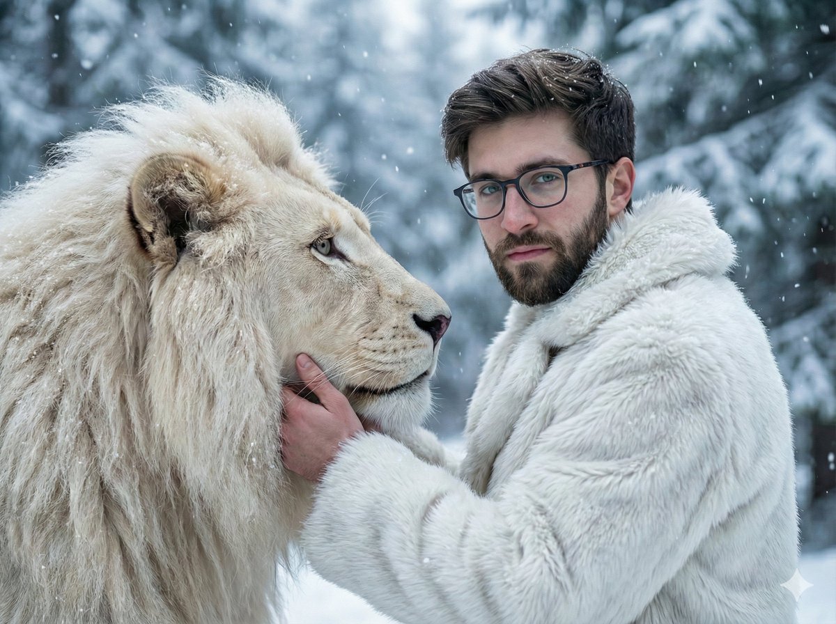 Cinematic Portrait of Man and White Lion in Snowy Forest — output 1