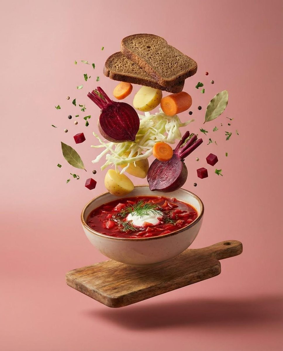 Surreal Levitation Food Photography of Traditional Beet Soup (Borscht) — output 1