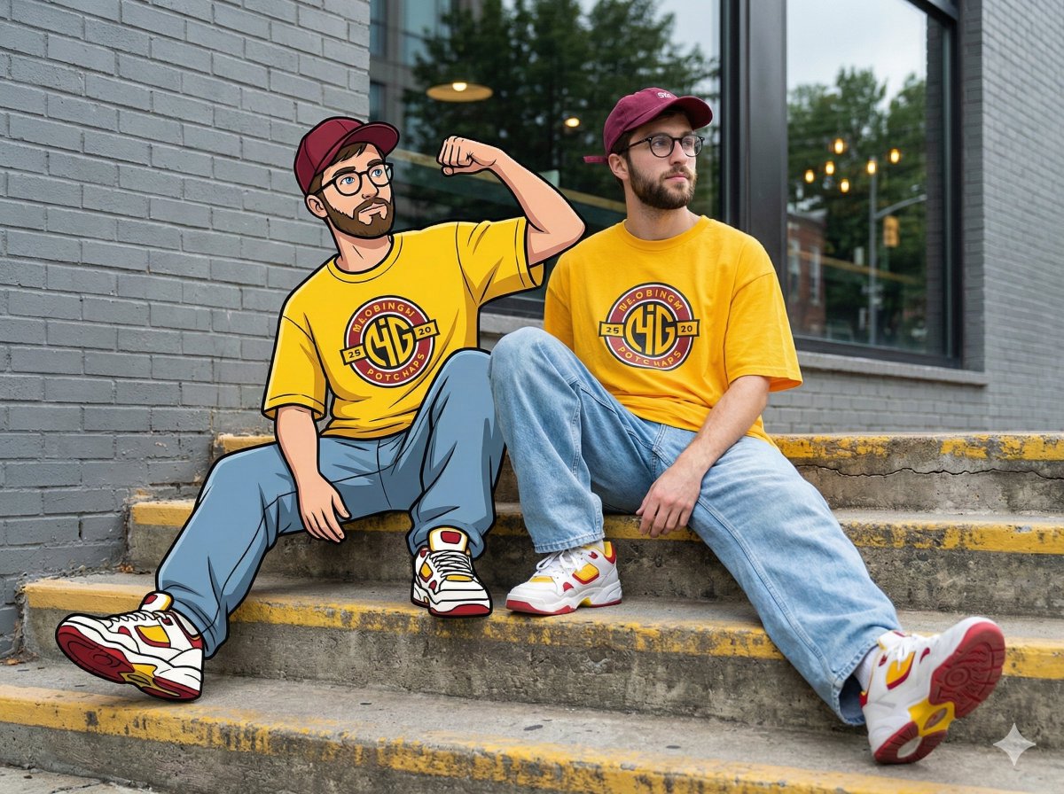 Mixed-Reality Street Portrait (Real Person with Cartoon Twin) — output 1