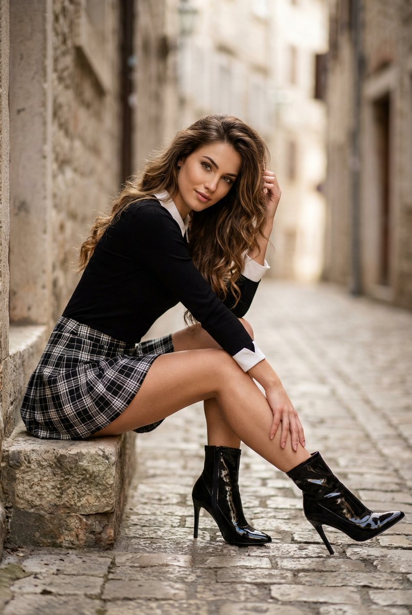 High-Fashion Preppy Look in Cobblestone Alley — output 1
