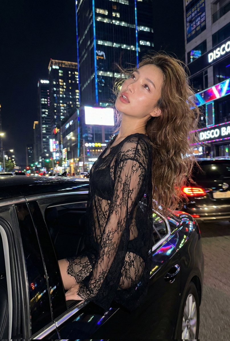 Product Marketing - Nighttime Urban Fashion Editorial in Luxury Sedan Prompt — output 1