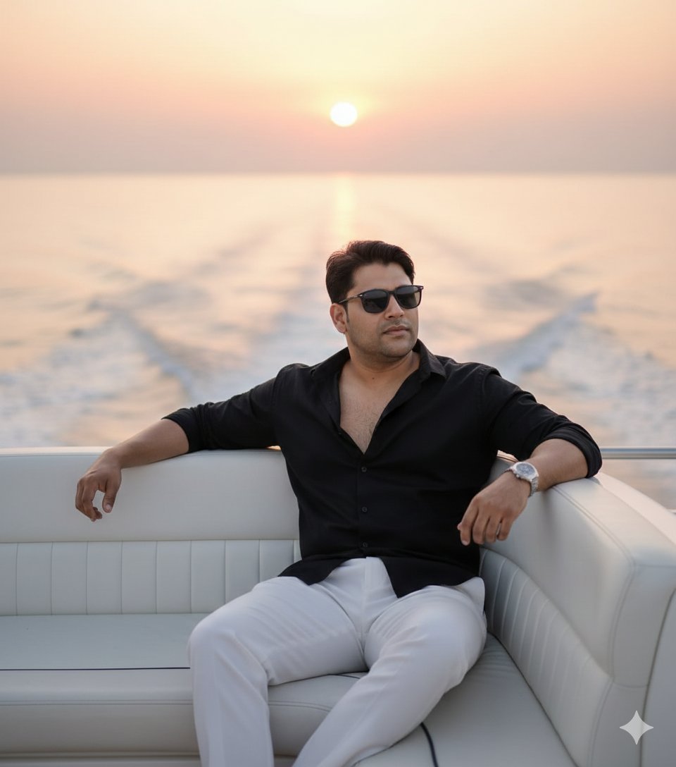 Ultra-realistic cinematic portrait on a luxury yacht at sunset — output 1