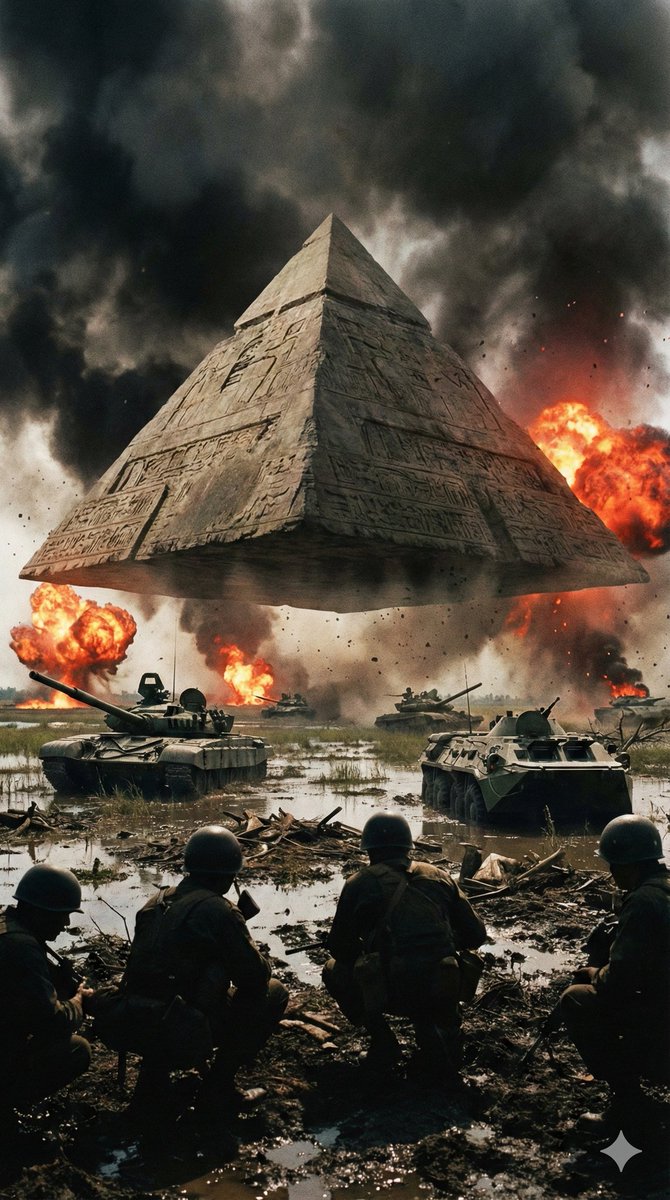 Ancient Pyramid Floating Over a Modern Battlefield — output 1