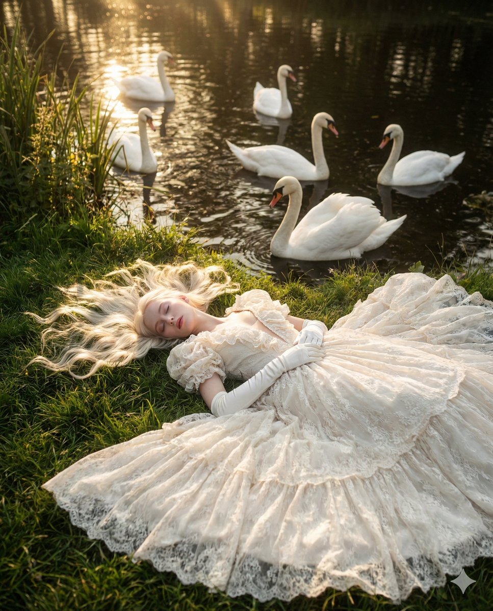 Ethereal Fantasy Portrait with Swans and Golden Hour Light — output 1