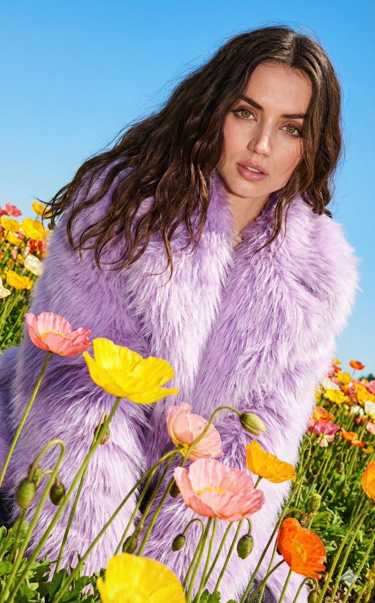Purple faux fur fashion portrait with harsh flash prompt — output 1