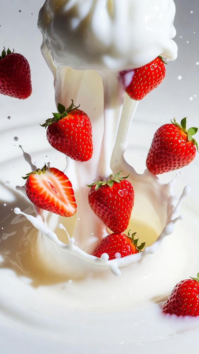 Macro Shot of Strawberries Falling into Milk — output 1