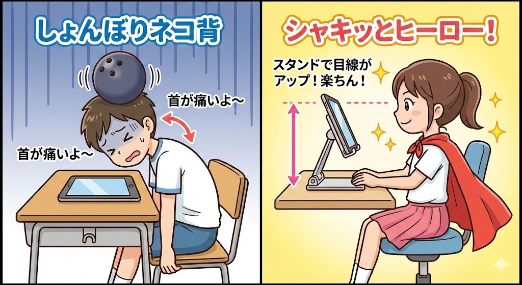 Educational iPad posture illustration prompt — output 1