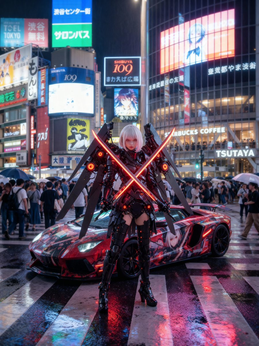 Cosplayer with itasha at Shibuya Scramble Crossing — output 1