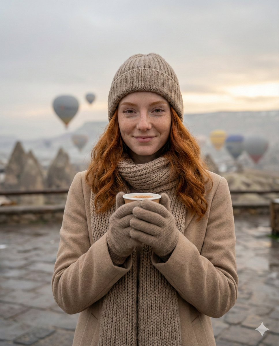 Social Media Post - Cozy Winter Travel Photo in Cappadocia with Hot Air Balloons — output 1