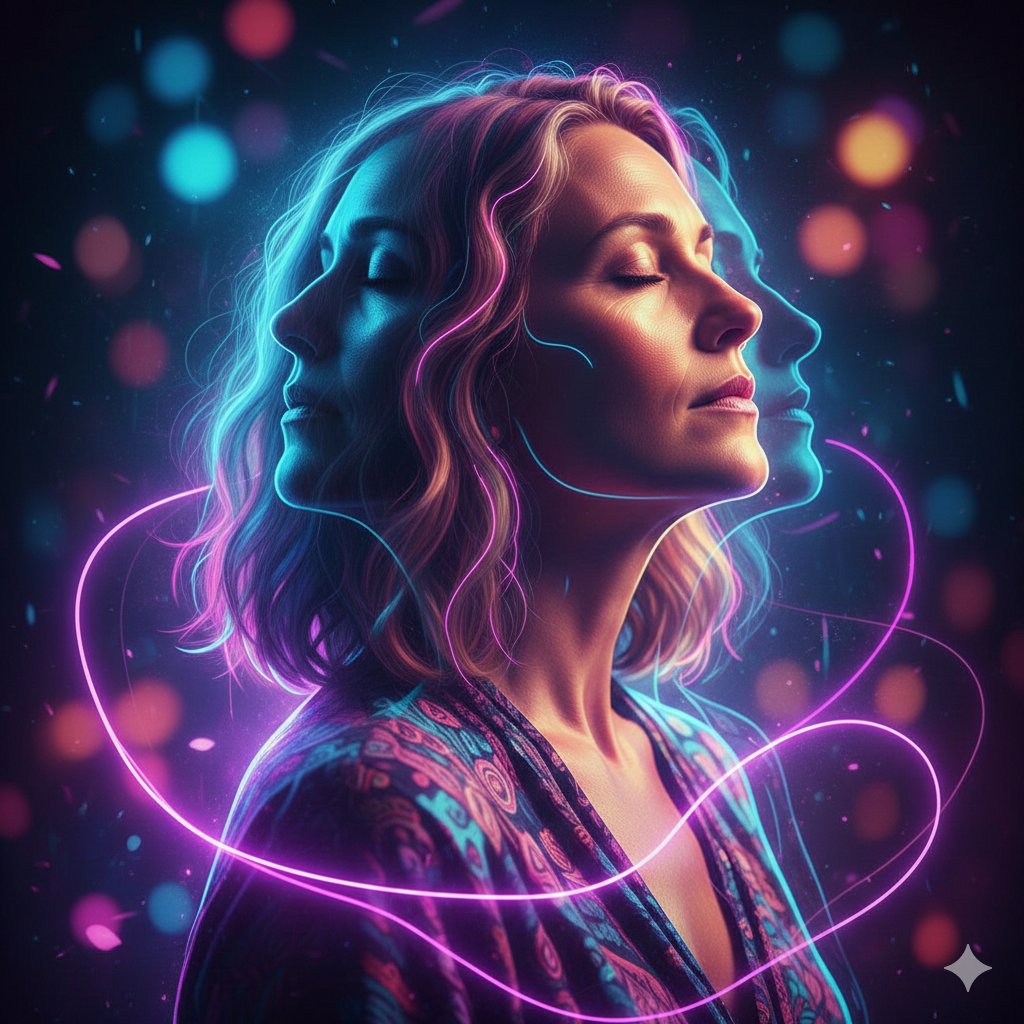 Triple Exposure Neon Portrait Prompt — output 1