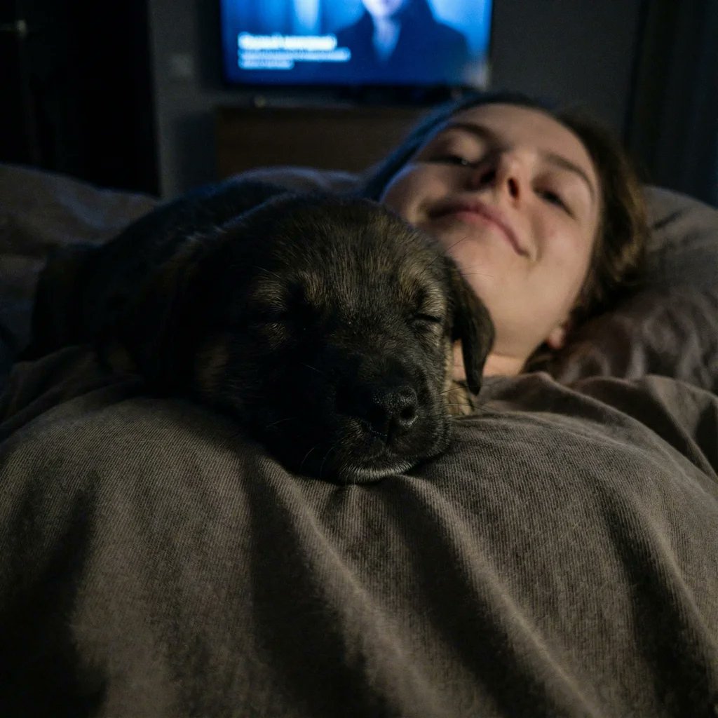 Extreme Close-up Puppy Selfie Prompt (Low Light) — output 1