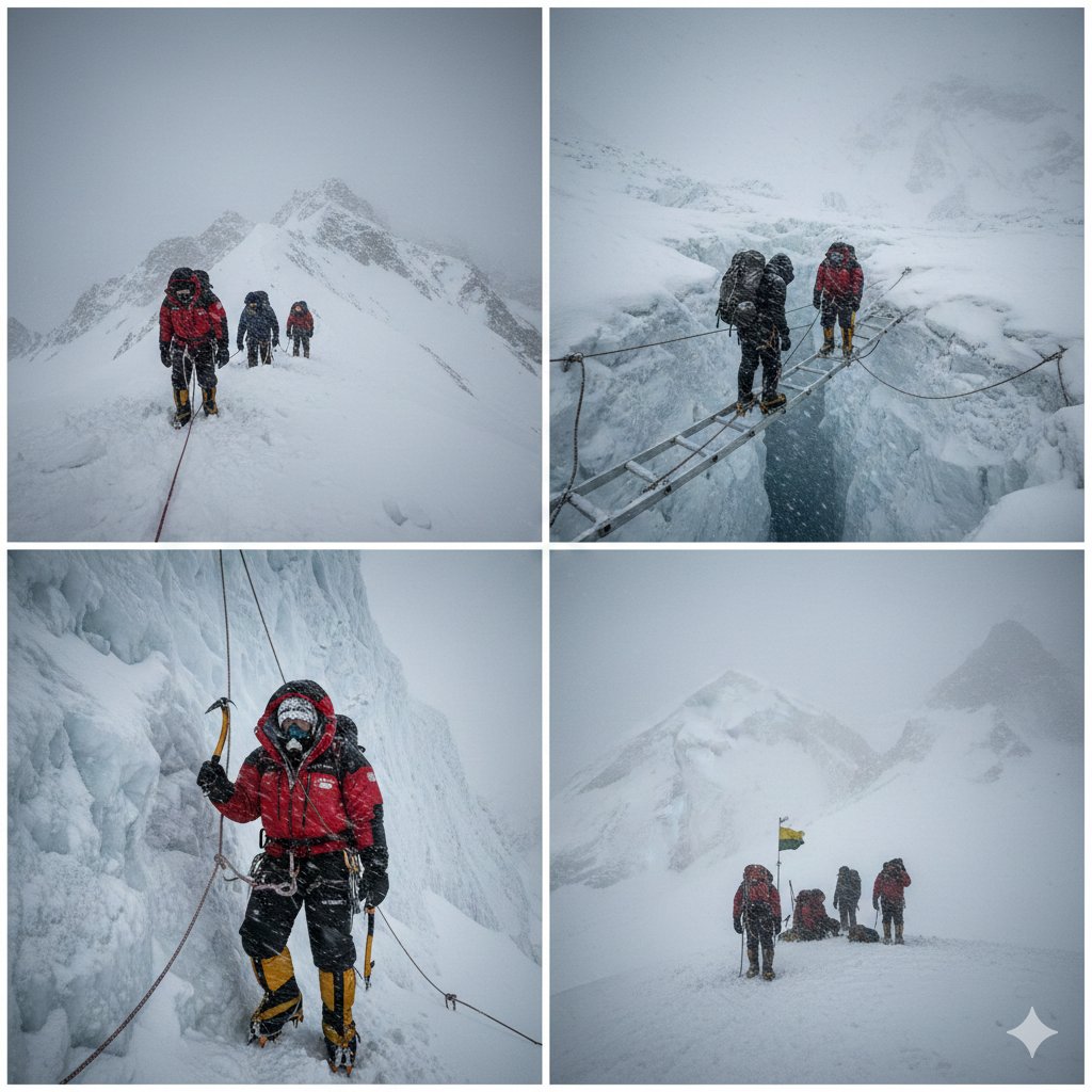 Comic / Storyboard - High-Altitude Mountaineering Cinematic Collage Prompt โ output 1