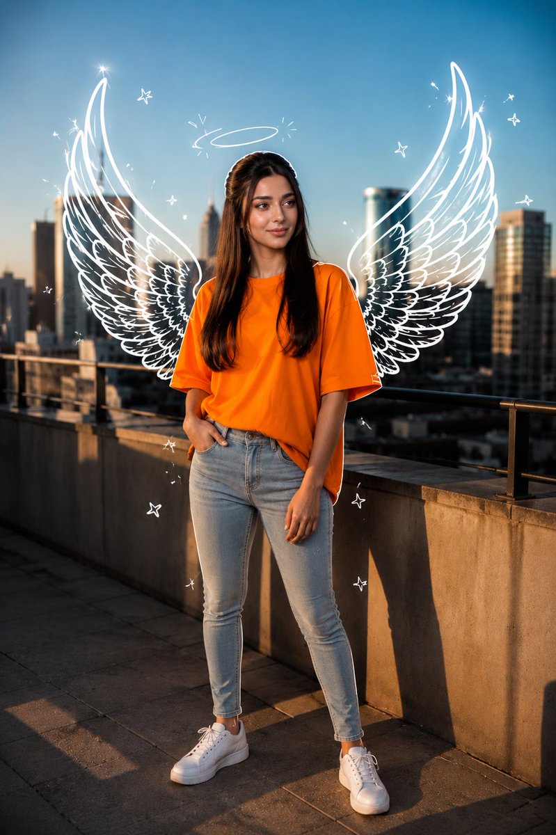 Social Media Post - Golden Hour Rooftop Portrait with Angel Wings — output 1