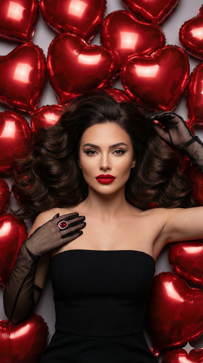 Social Media Post - Glamorous Red Heart Balloon Studio Portrait Prompt — output 1