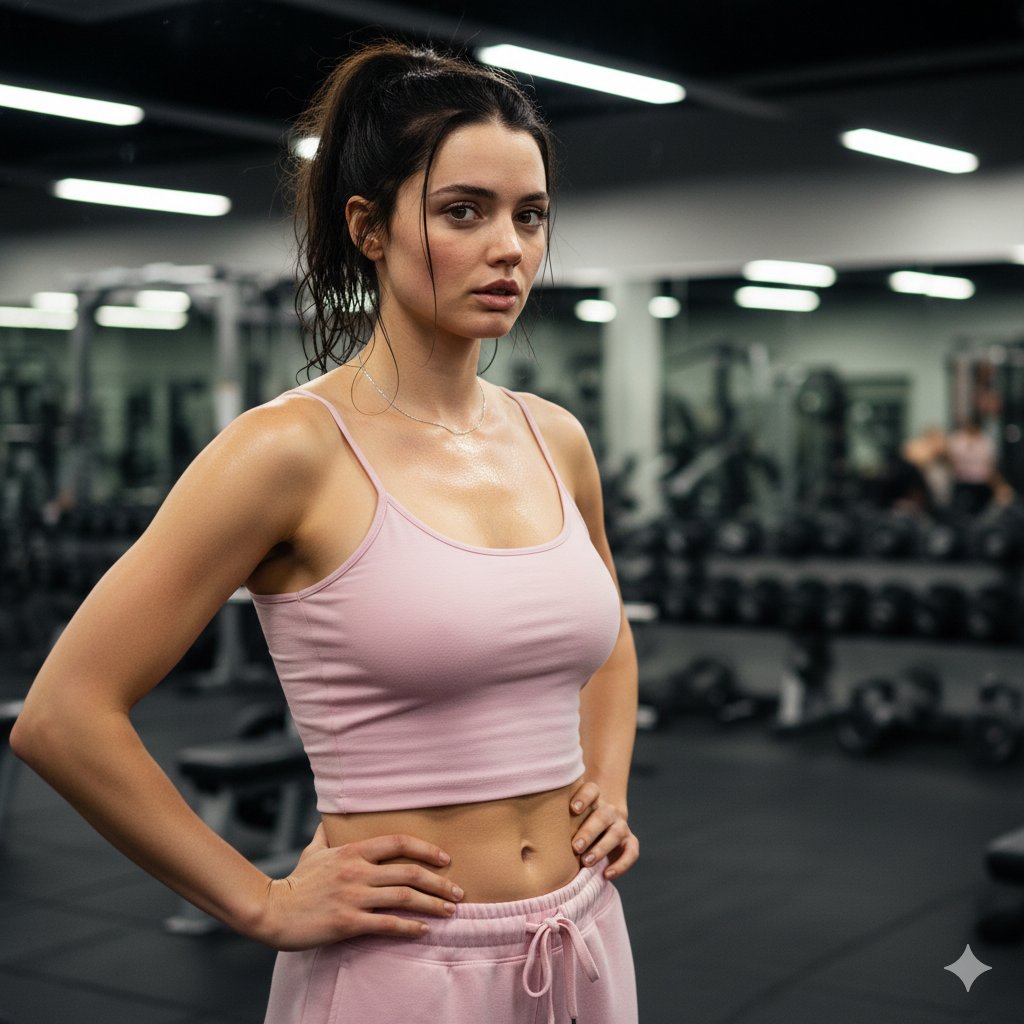 Hyper-realistic gym portrait with intense sweat and skin detail — output 1