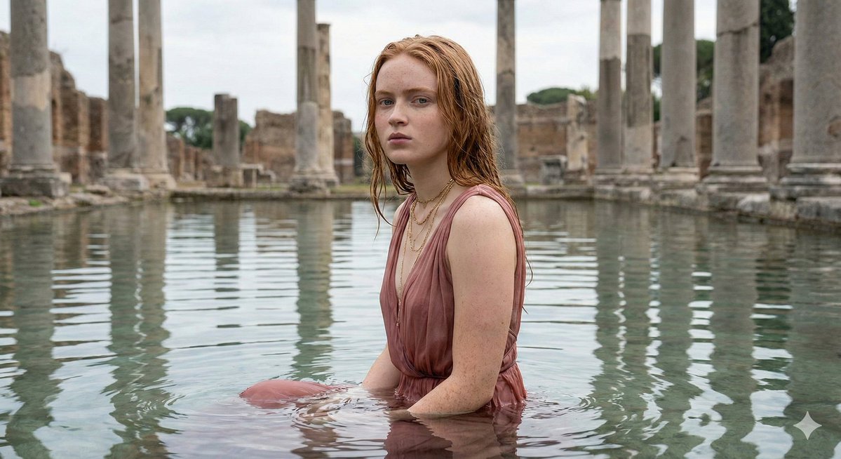 Sadie Sink in Grecian Dress in Ancient Ruins — output 1