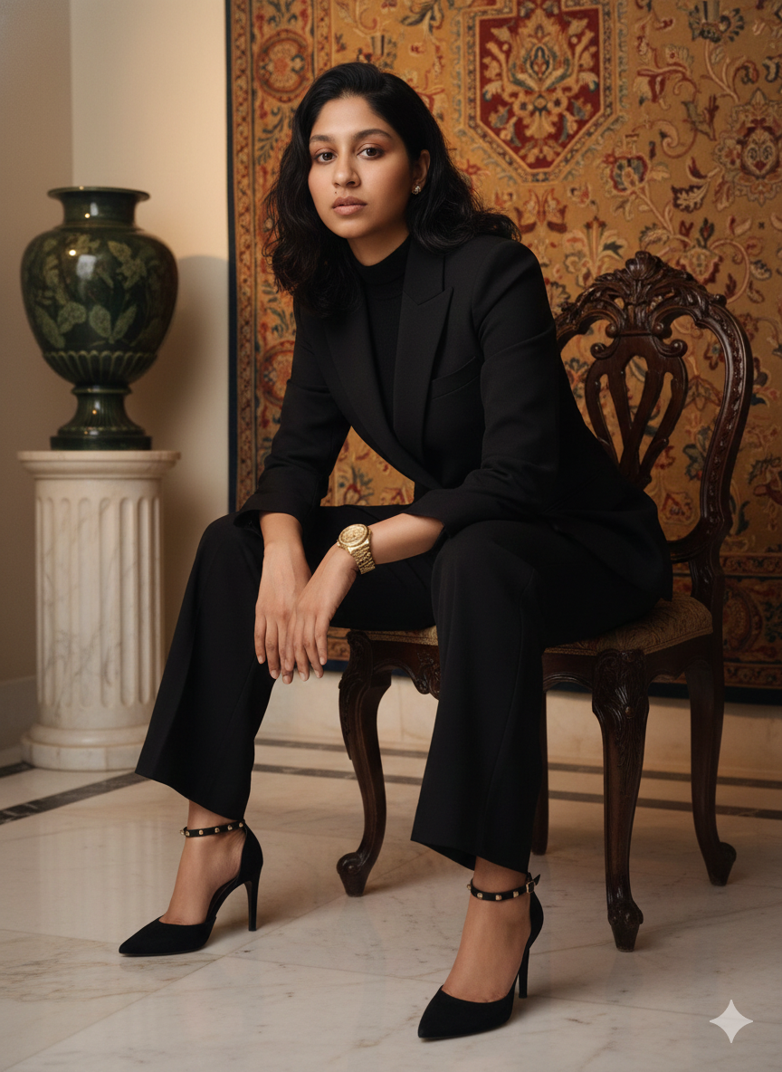 Confident and Luxurious Power Portrait of Female in Black tailored Pantsuit — output 1