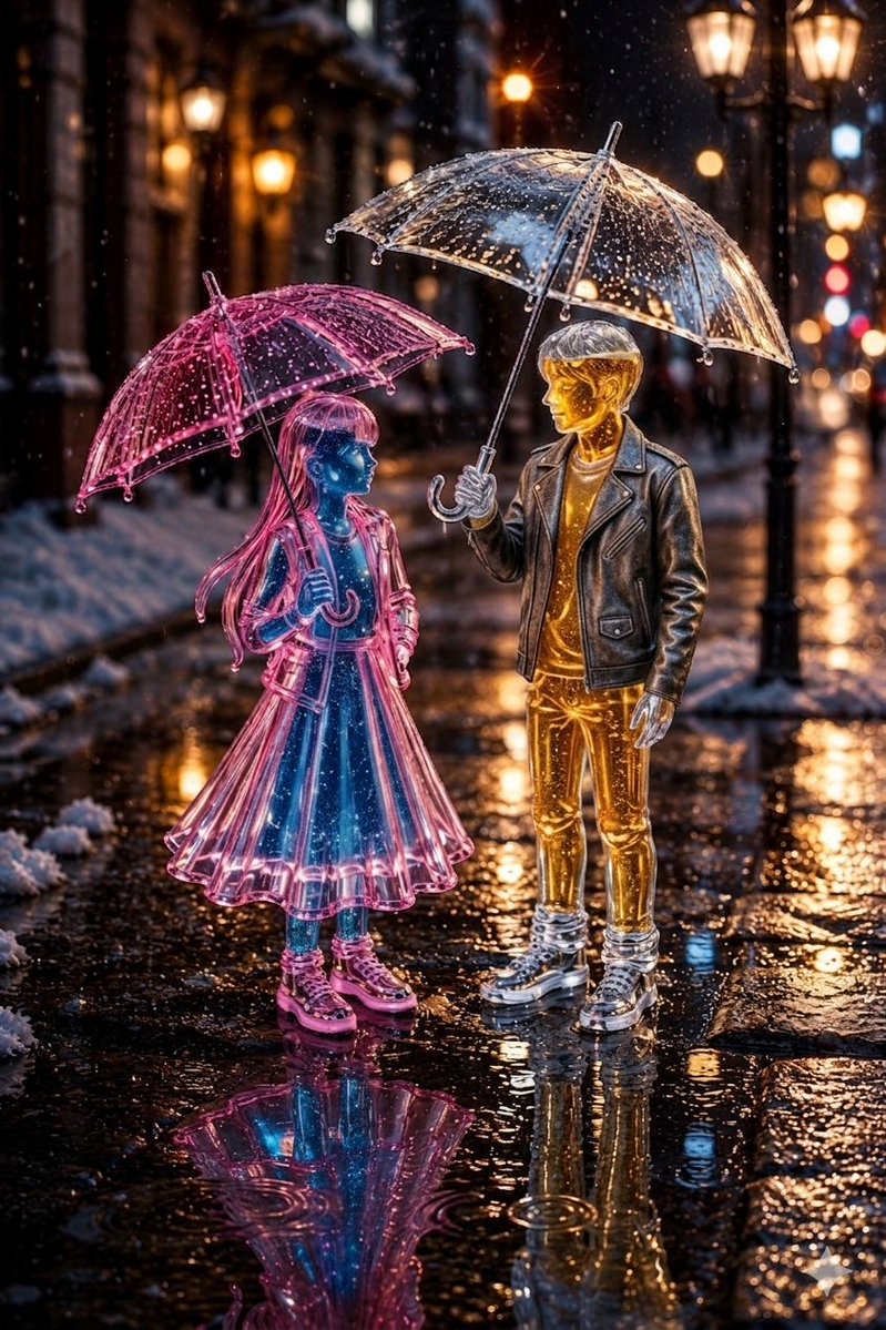 Comic / Storyboard - Whimsical Glass Couple in Winter Snowfall — output 1
