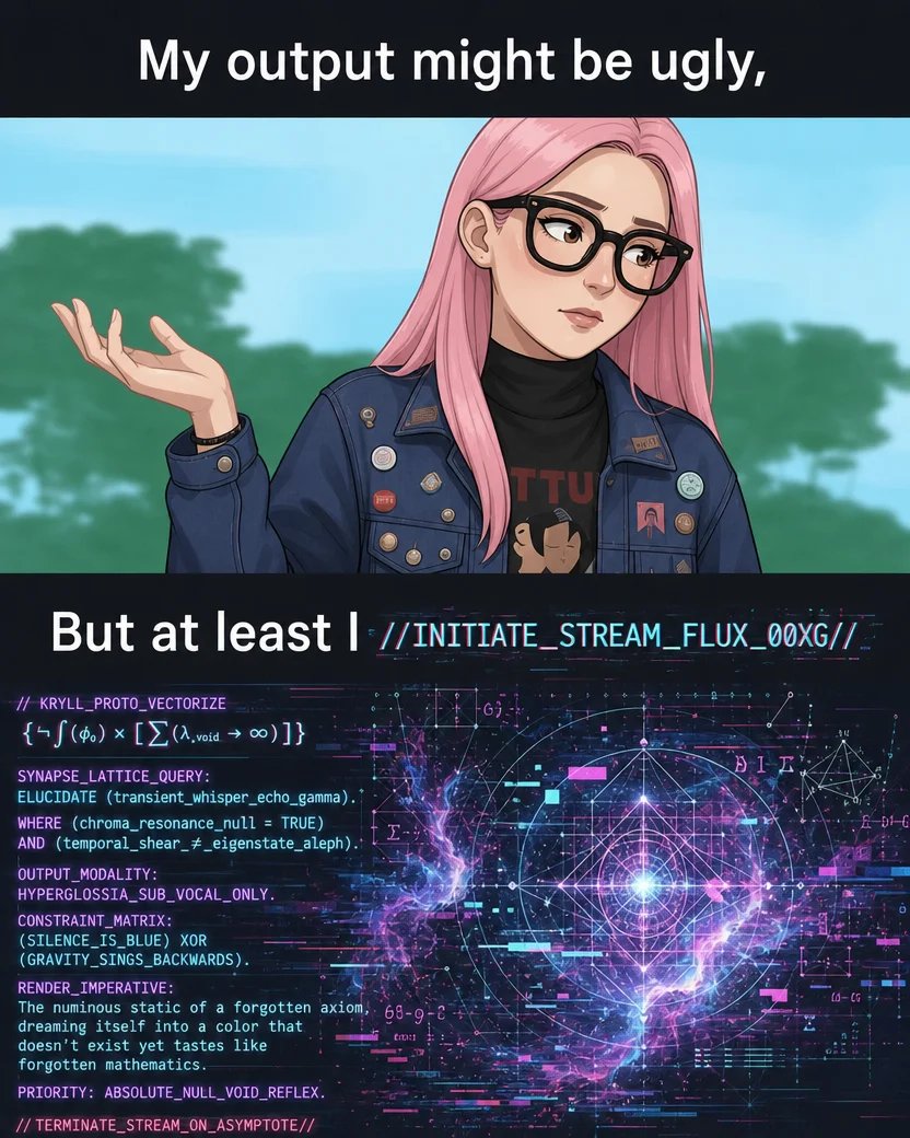 Social Media Post - Pink-haired girl shrugging next to complex glitch art — output 1