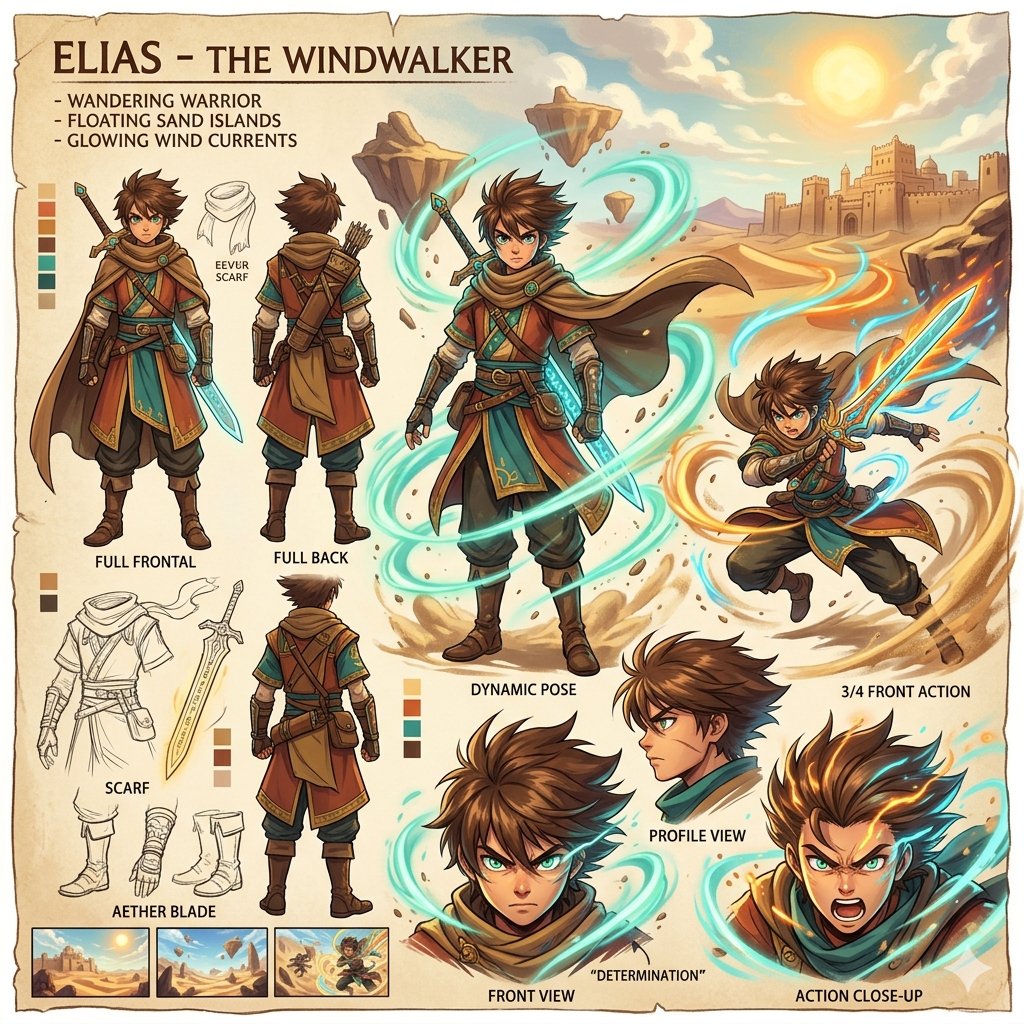 Comic / Storyboard - Anime Warrior Character Design Sheet — output 1