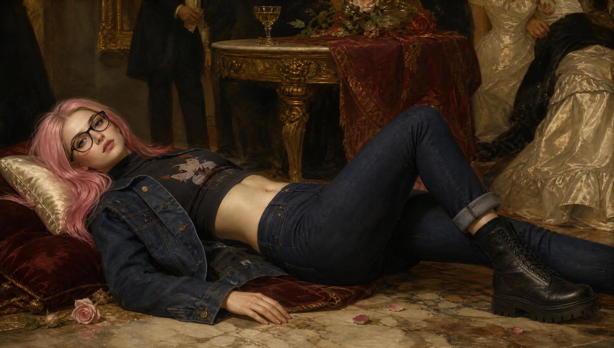 Profile / Avatar - Pink-haired girl in denim reclining on marble — output 1