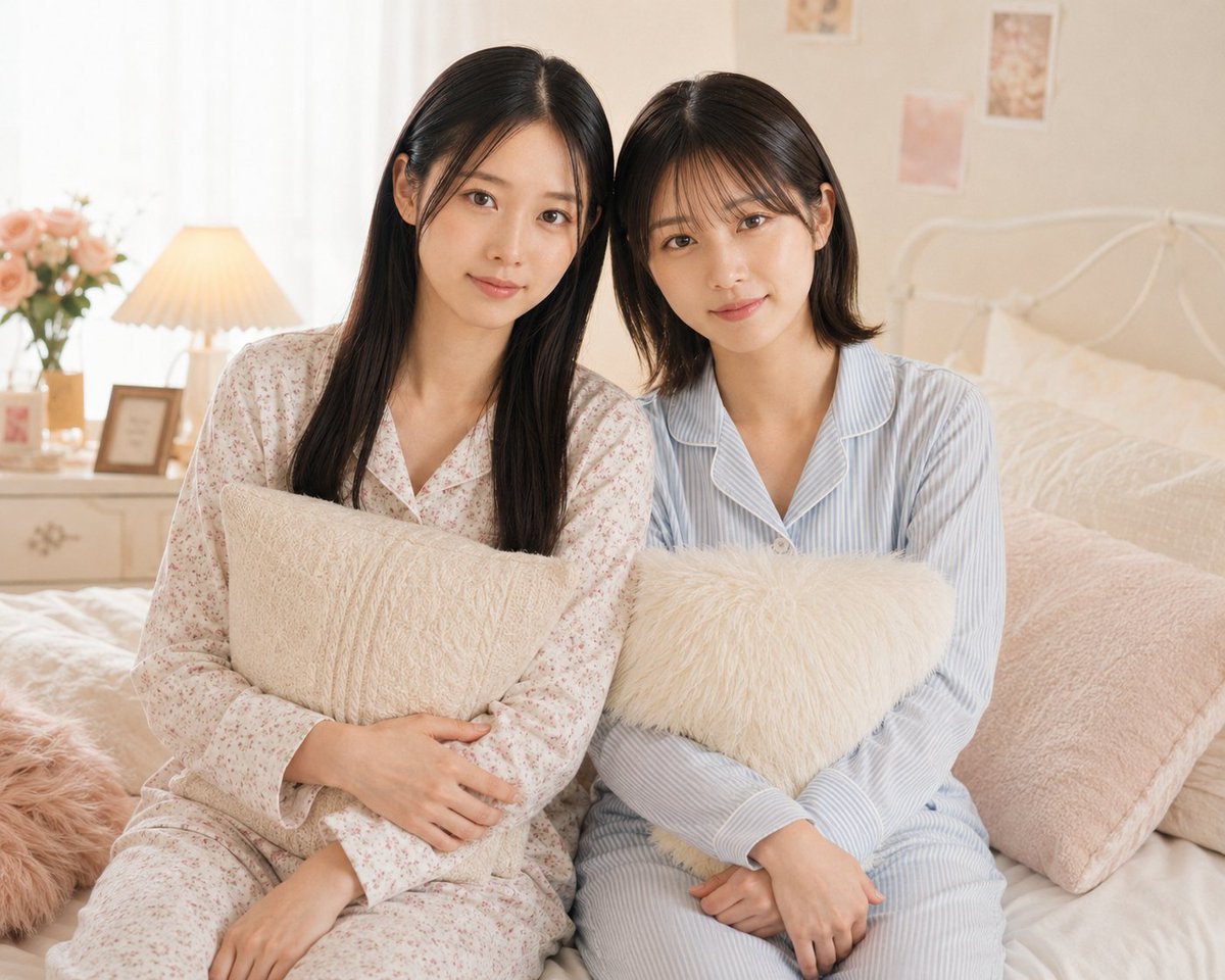Product Marketing - Two Women in Pastel Pajama Bedroom — output 1