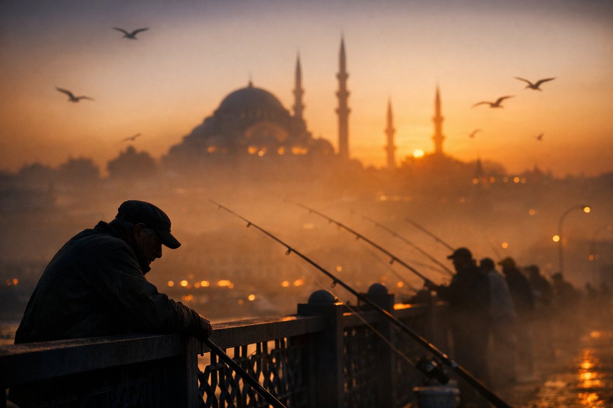 Cinematic Silhouette of Fishermen on Galata Bridge — output 1
