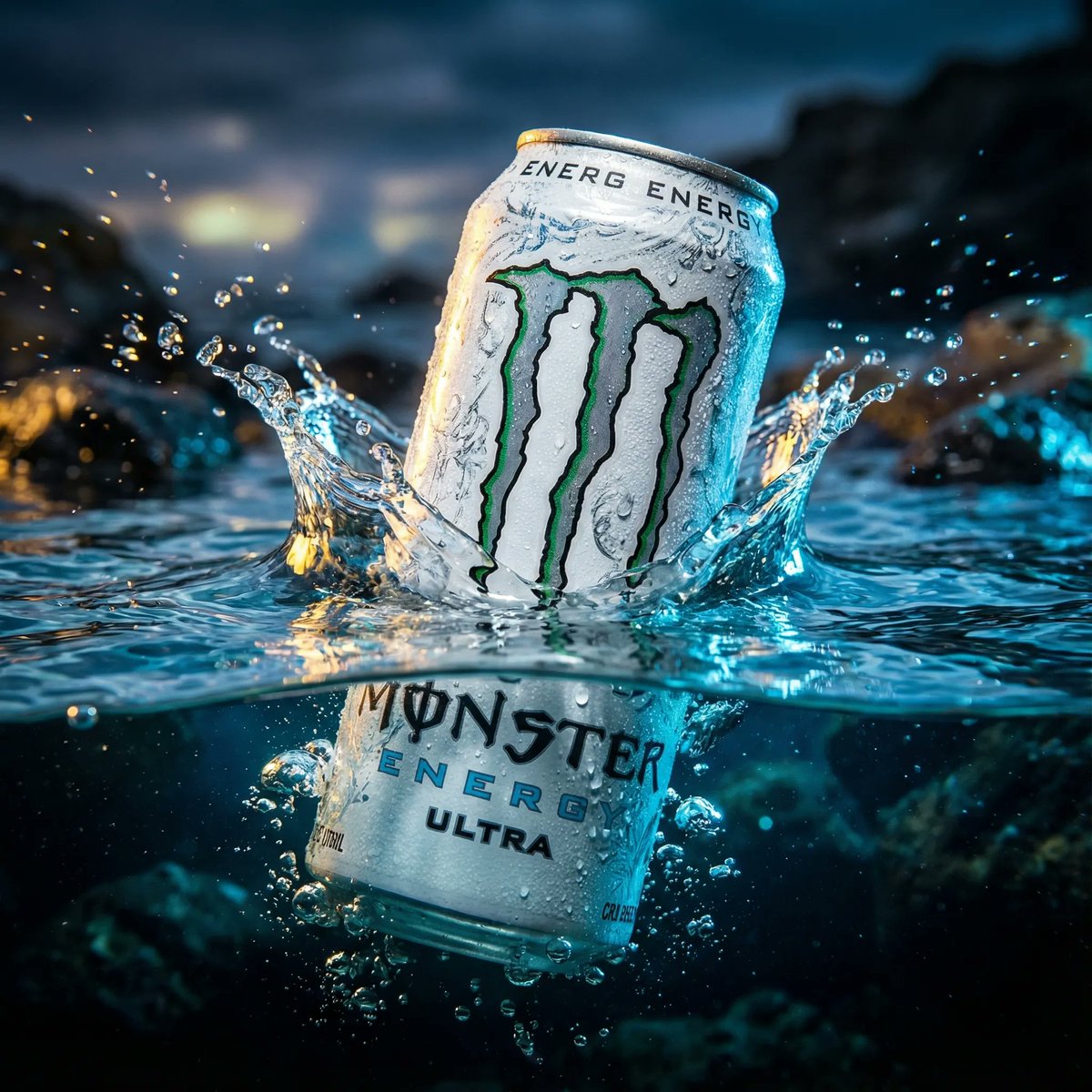 YouTube Thumbnail - Product Ad: White Monster Energy Can Submerged in Water — output 1