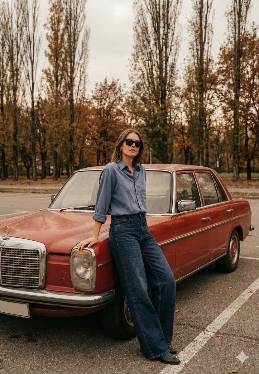Old Money Cinematic Portrait with Vintage Sedan — output 1