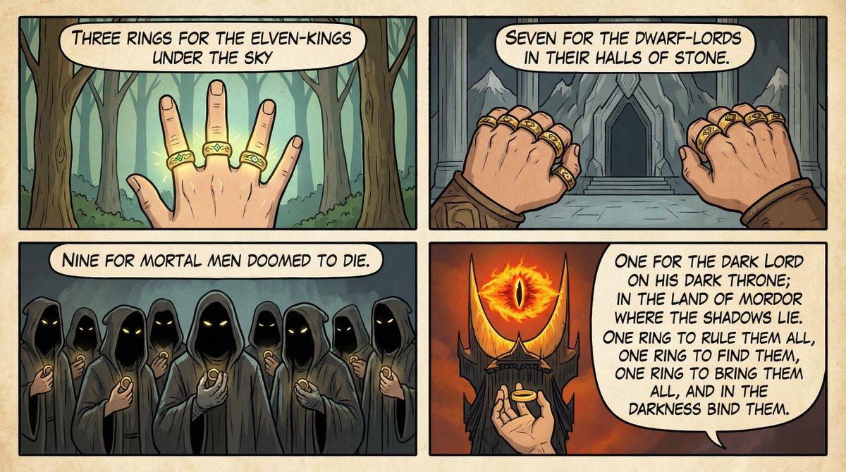 Comic / Storyboard - Cel-Shaded Comic Strip Prompt for LOTR Poem โ output 1