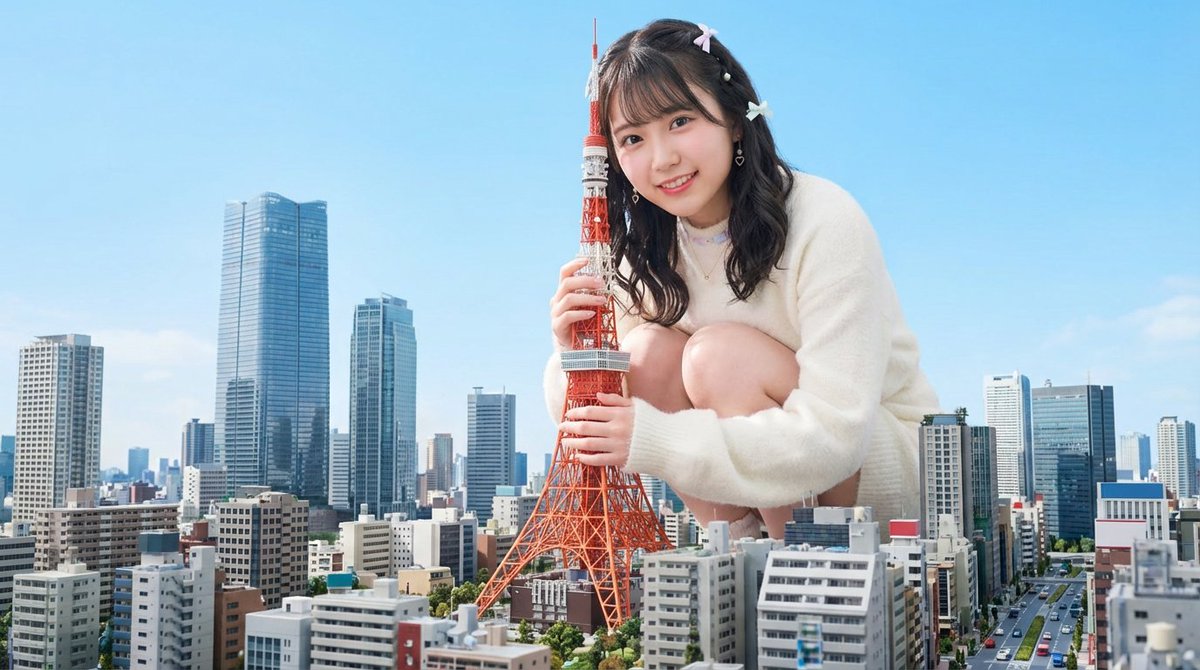 Giant person holding Tokyo Tower in a modern cityscape — output 1