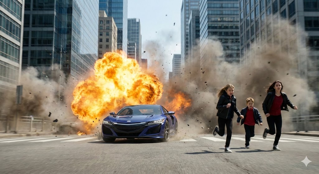 Comic / Storyboard - Cinematic Action Scene: Explosion Behind High-Speed Car — output 1