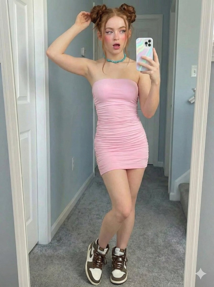 Social Media Post - Sadie Sink Inspired Mirror Selfie in Pastel Pink Dress and Sneakers — output 1