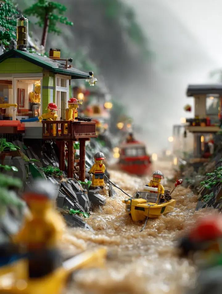 Game Asset - LEGO Mountain Flood Rescue Scene Prompt — output 1