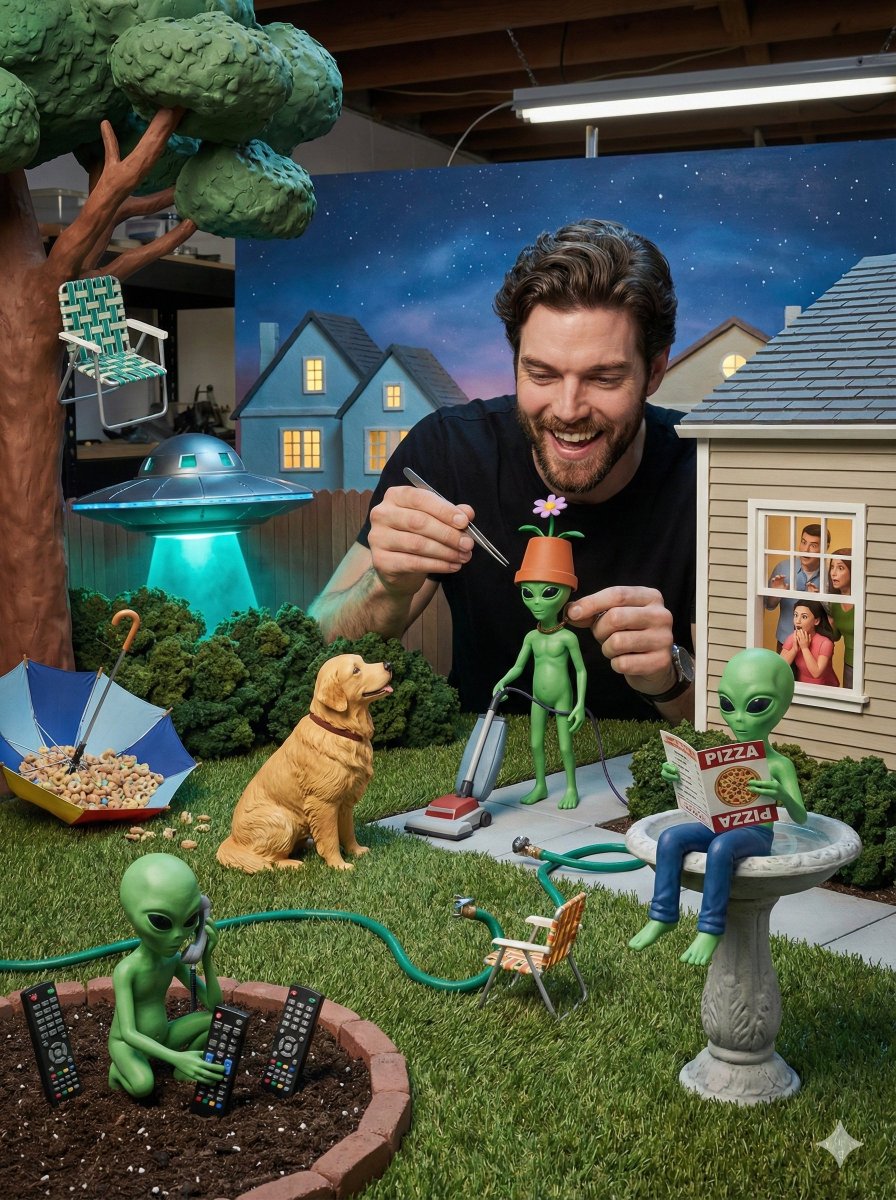 Miniature Diorama of Confused Alien in a Suburban Backyard — output 1