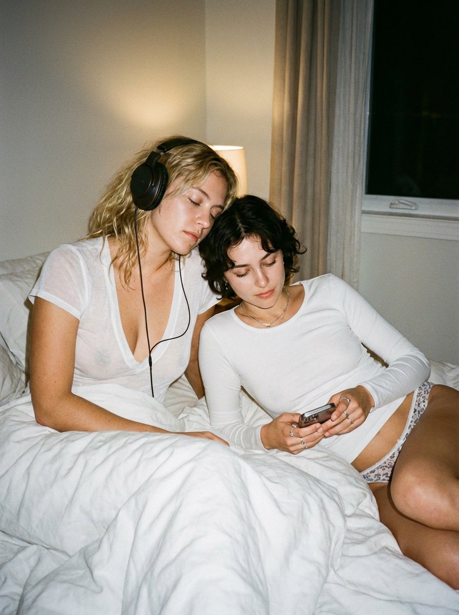 Social Media Post - Intimate Candid Lifestyle Photo of Two Women on White Sheets — output 1