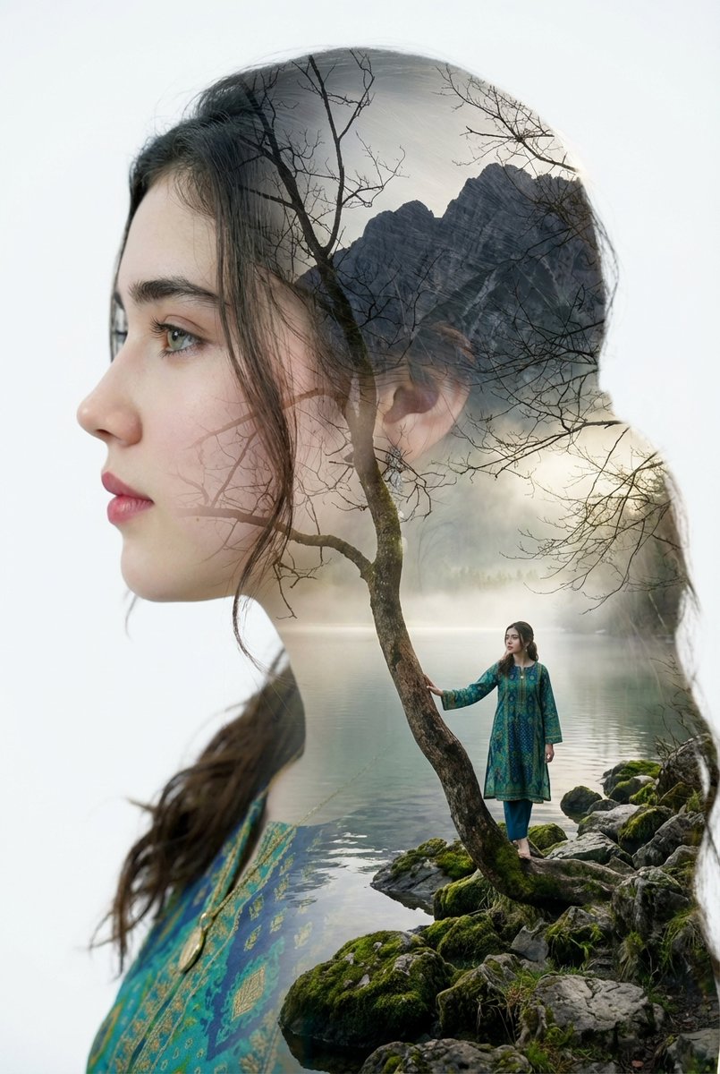 Double Exposure Portrait with Tree Branches and Landscape — output 1