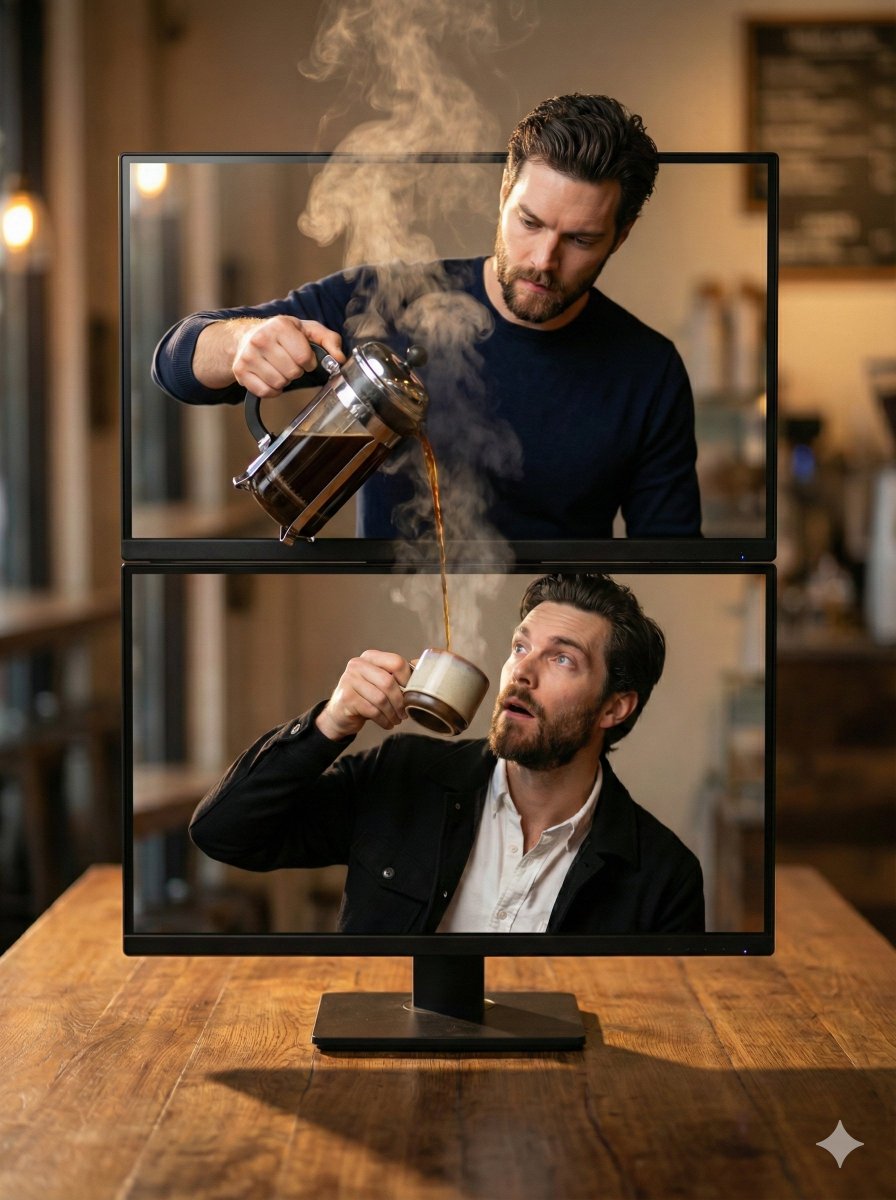 Coffee Pouring Cinematic Artwork (Dual Monitor) — output 1