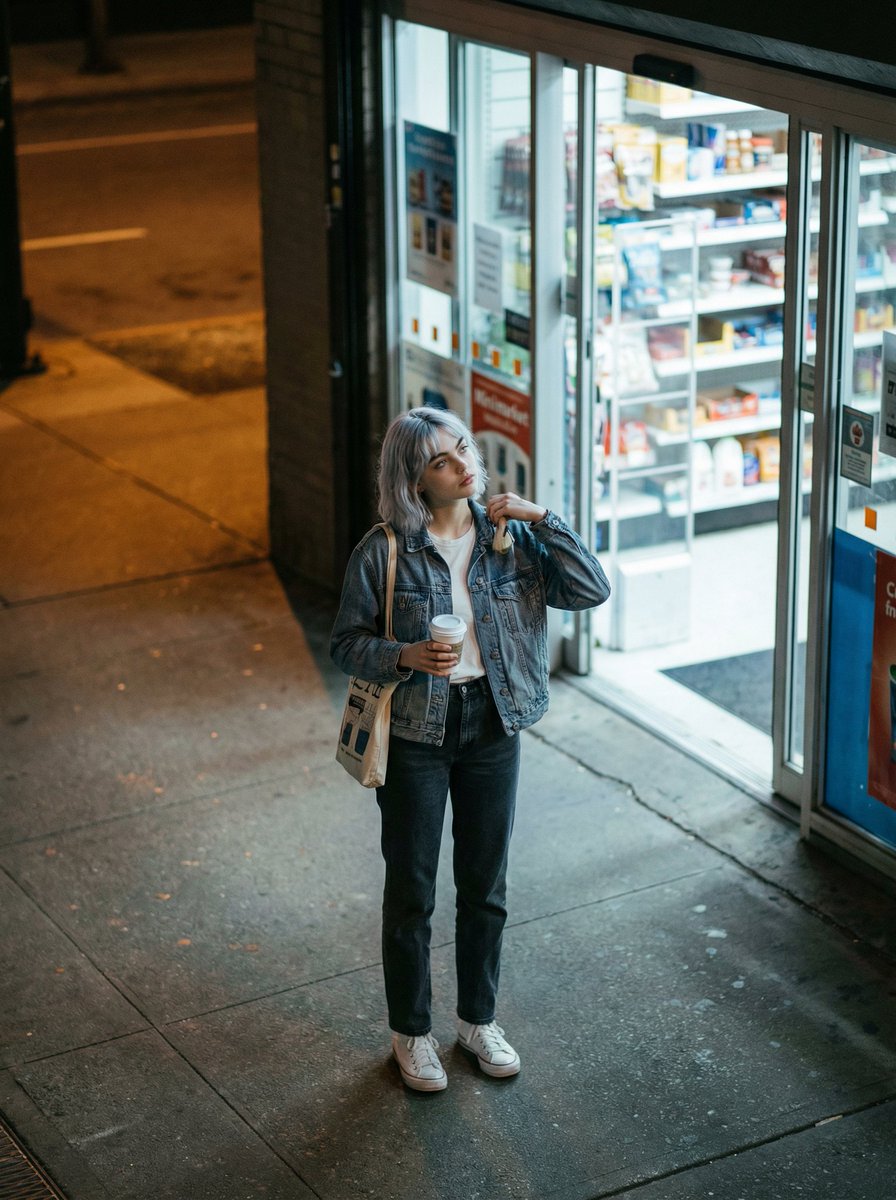 Candid night street fashion photograph with film aesthetic — output 1