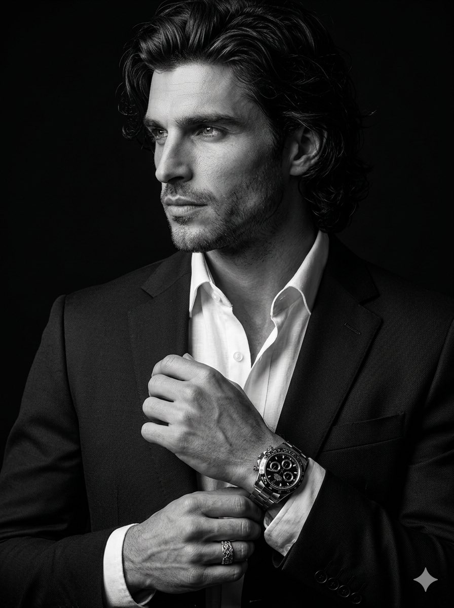 Product Marketing - Cinematic Black-and-White Suit Portrait — output 1