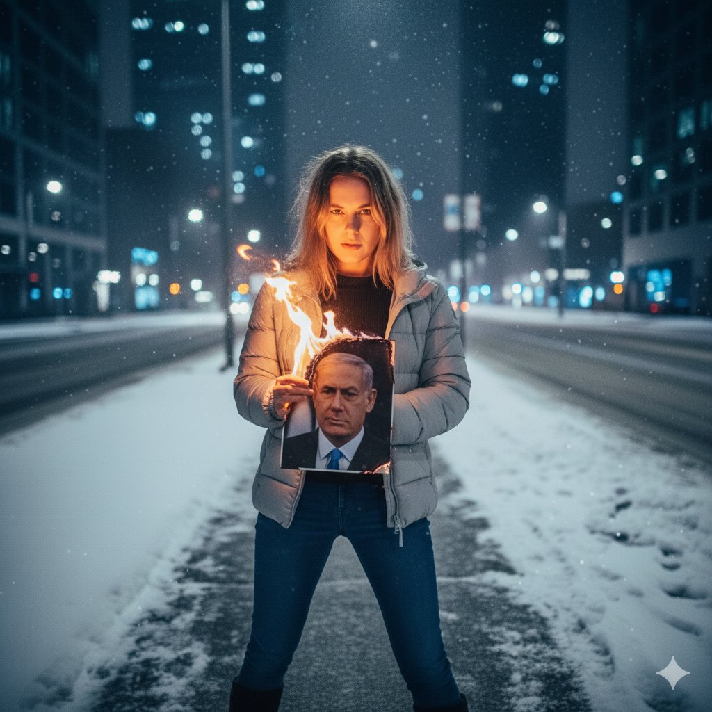 Defiant Woman Lighting Cigarette with Burning Photo — output 1
