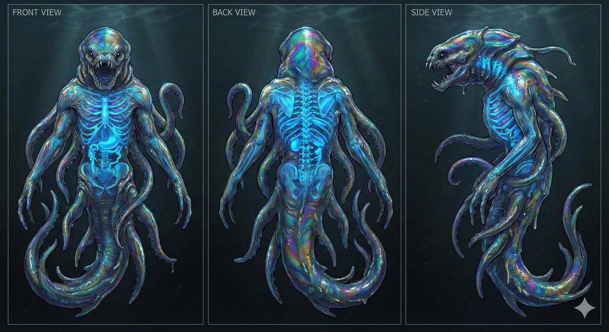 Game Asset - Character Sheet for Deep-Sea Creature with Bioluminescent Skeleton — output 1